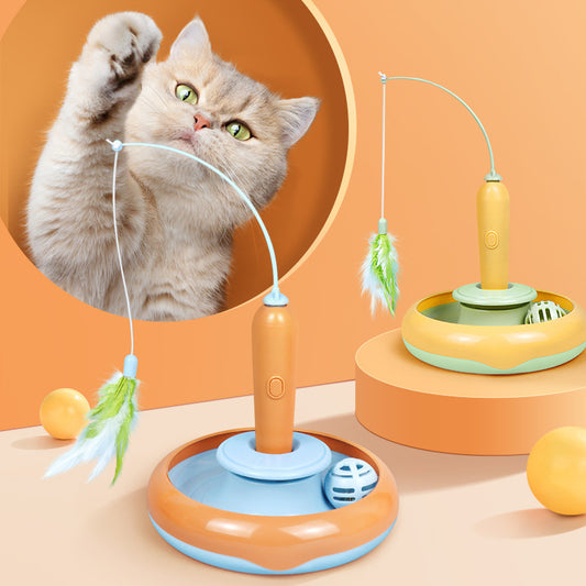 2 in 1 Katzenspielzeug mit Feder zum Selbstspielen Katzen-Drehteller